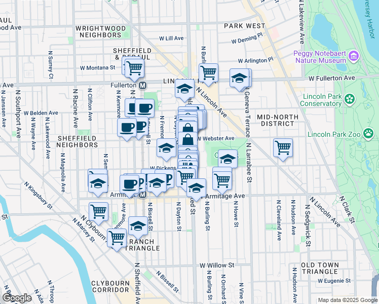 map of restaurants, bars, coffee shops, grocery stores, and more near 2115 North Dayton Street in Chicago