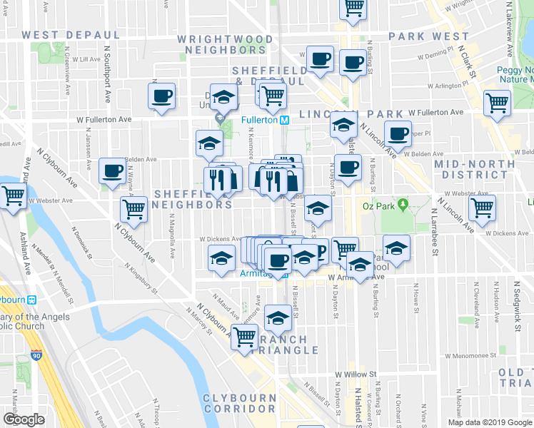 map of restaurants, bars, coffee shops, grocery stores, and more near in Chicago