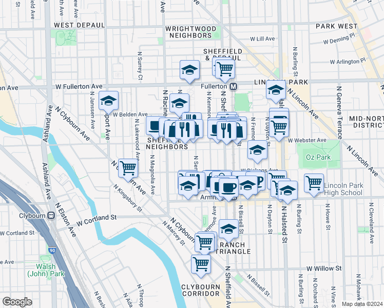 map of restaurants, bars, coffee shops, grocery stores, and more near 2119 North Seminary Avenue in Chicago