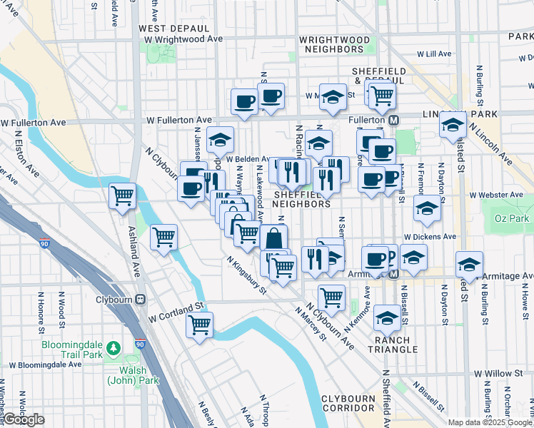 map of restaurants, bars, coffee shops, grocery stores, and more near 2122 North Magnolia Avenue in Chicago