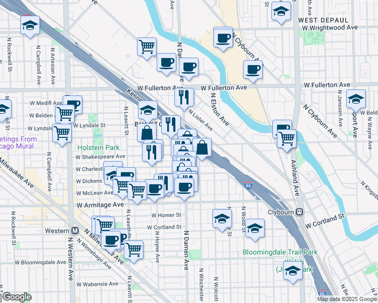 map of restaurants, bars, coffee shops, grocery stores, and more near in Chicago