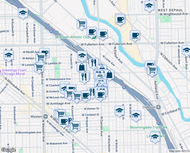 map of restaurants, bars, coffee shops, grocery stores, and more near in Chicago
