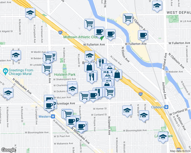 map of restaurants, bars, coffee shops, grocery stores, and more near 2047 West Shakespeare Avenue in Chicago