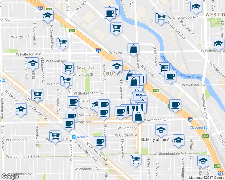 map of restaurants, bars, coffee shops, grocery stores, and more near 2119 West Shakespeare Avenue in Chicago