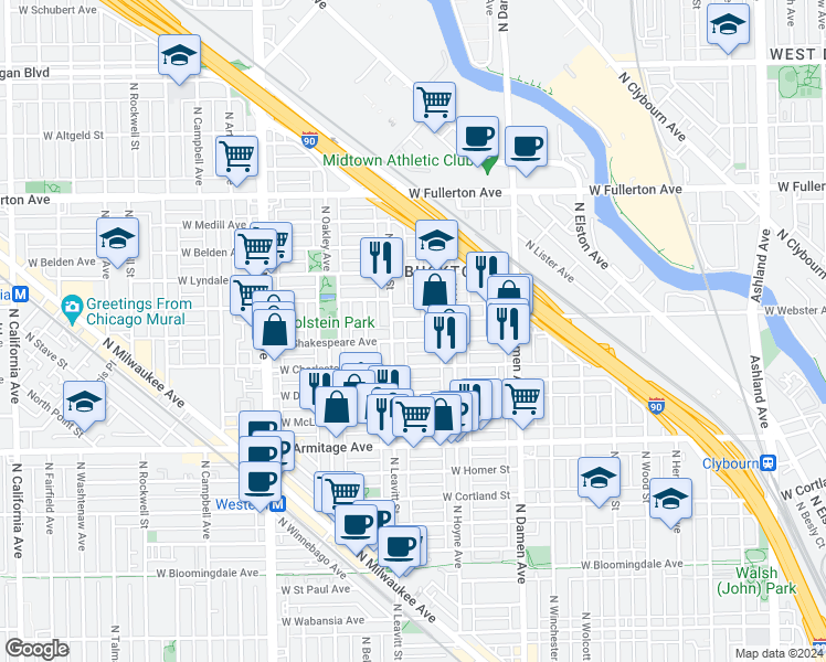 map of restaurants, bars, coffee shops, grocery stores, and more near 2115 North Leavitt Street in Chicago