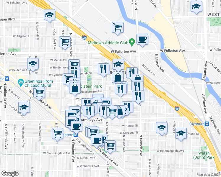 map of restaurants, bars, coffee shops, grocery stores, and more near 2115 North Leavitt Street in Chicago
