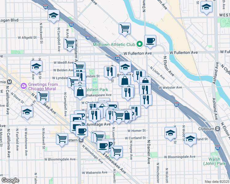 map of restaurants, bars, coffee shops, grocery stores, and more near 2115 North Leavitt Street in Chicago