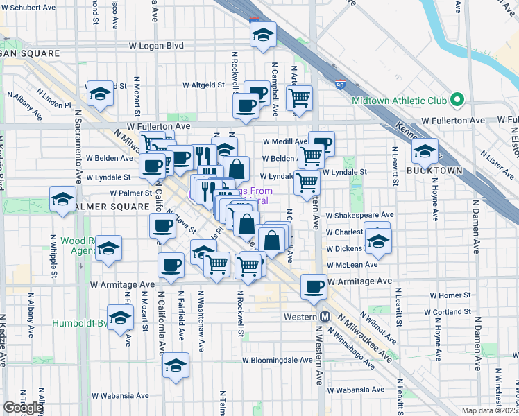map of restaurants, bars, coffee shops, grocery stores, and more near 2140 North Maplewood Avenue in Chicago