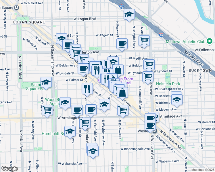 map of restaurants, bars, coffee shops, grocery stores, and more near 2612 West Attrill Street in Chicago