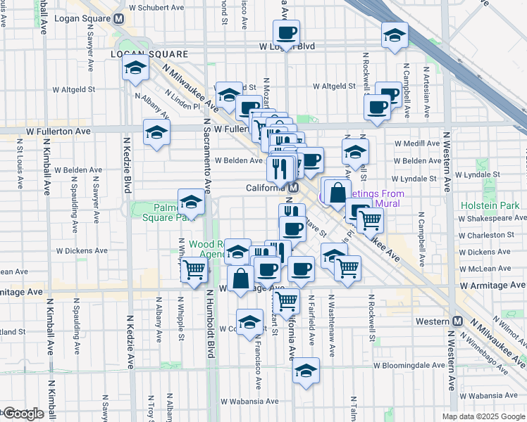 map of restaurants, bars, coffee shops, grocery stores, and more near 2845 West Shakespeare Avenue in Chicago