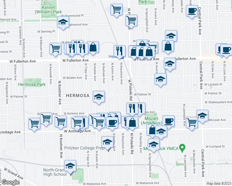 map of restaurants, bars, coffee shops, grocery stores, and more near 2155 North Karlov Avenue in Chicago