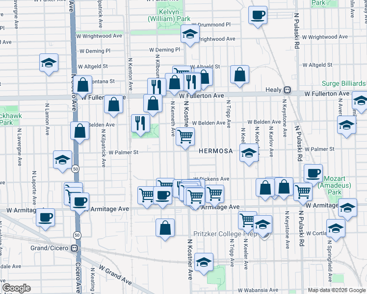 map of restaurants, bars, coffee shops, grocery stores, and more near 2156 North Kostner Avenue in Chicago