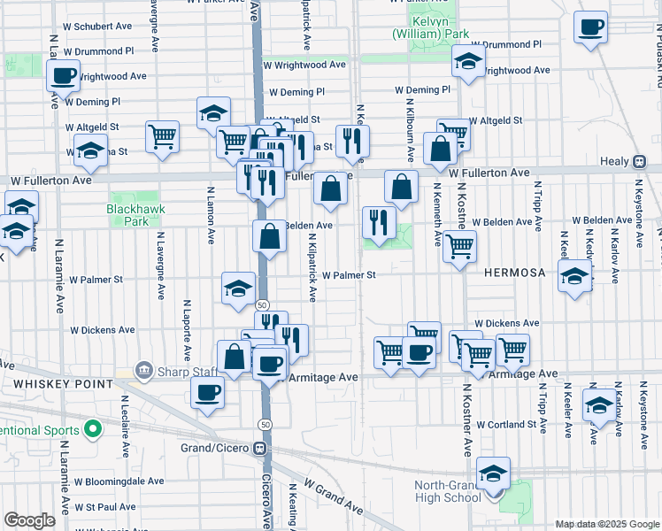 map of restaurants, bars, coffee shops, grocery stores, and more near 4623 West Palmer Street in Chicago