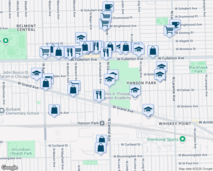 map of restaurants, bars, coffee shops, grocery stores, and more near 5610 West Palmer Street in Chicago
