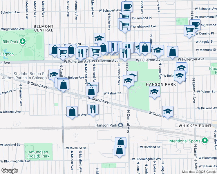 map of restaurants, bars, coffee shops, grocery stores, and more near 2205 North Major Avenue in Chicago