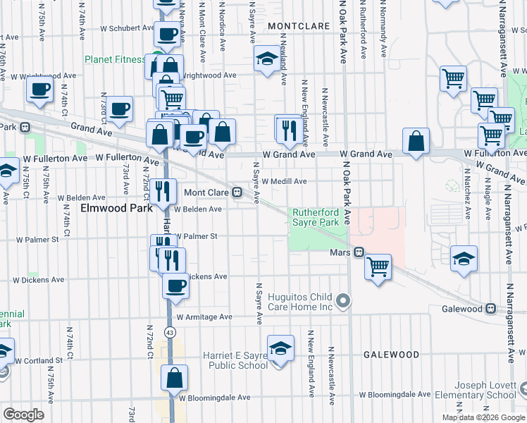 map of restaurants, bars, coffee shops, grocery stores, and more near 2216 North Sayre Avenue in Chicago