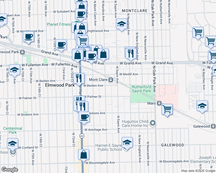 map of restaurants, bars, coffee shops, grocery stores, and more near 2222 North Nordica Avenue in Chicago