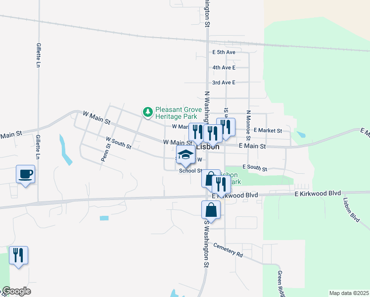 map of restaurants, bars, coffee shops, grocery stores, and more near 210 West South Street in Lisbon