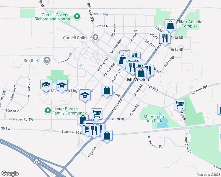 map of restaurants, bars, coffee shops, grocery stores, and more near 200 4th Street Southwest in Mount Vernon