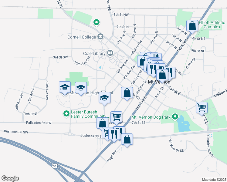 map of restaurants, bars, coffee shops, grocery stores, and more near 610 4th Ave S in Mt Vernon