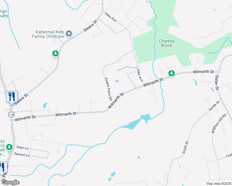 map of restaurants, bars, coffee shops, grocery stores, and more near 343 Wilmarth Street in Attleboro