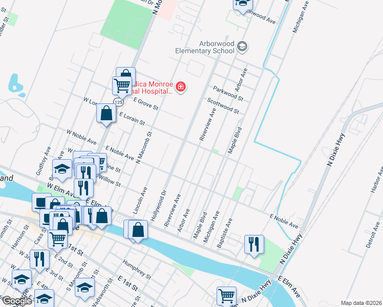 map of restaurants, bars, coffee shops, grocery stores, and more near 458 Riverview Avenue in Monroe