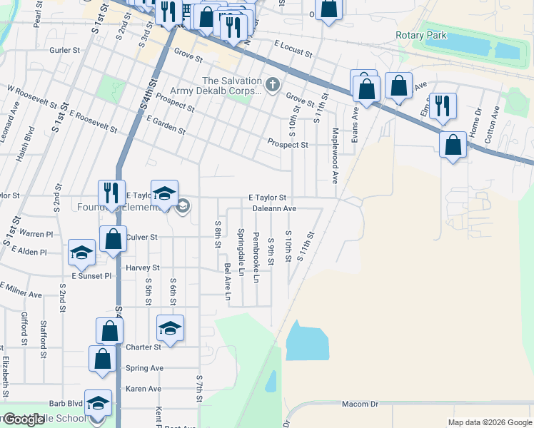 map of restaurants, bars, coffee shops, grocery stores, and more near 843 South 9th Street in DeKalb