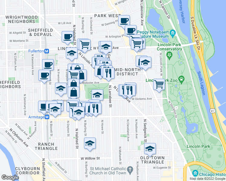 map of restaurants, bars, coffee shops, grocery stores, and more near 2131 North Larrabee Street in Chicago