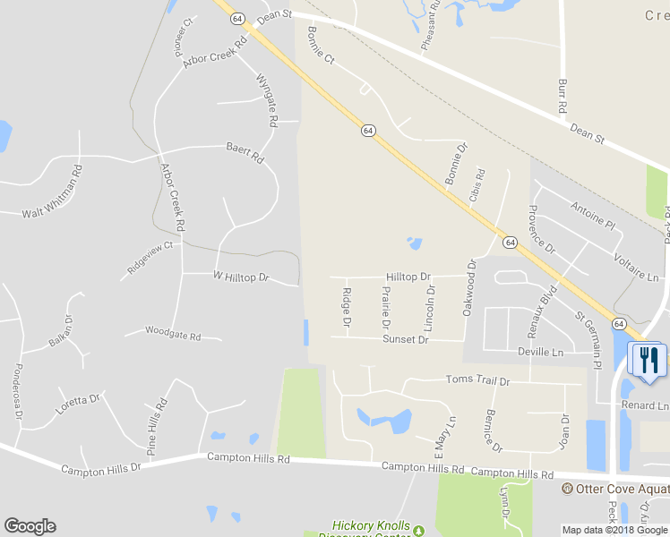 map of restaurants, bars, coffee shops, grocery stores, and more near 38W724 Hilltop Drive in Saint Charles