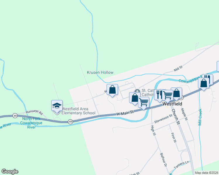 map of restaurants, bars, coffee shops, grocery stores, and more near 242 North Street in Westfield