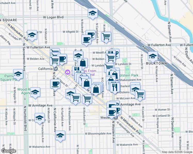 map of restaurants, bars, coffee shops, grocery stores, and more near 2517 West Shakespeare Avenue in Chicago
