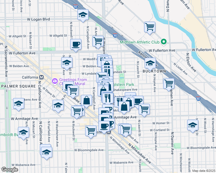 map of restaurants, bars, coffee shops, grocery stores, and more near 2141 North Western Avenue in Chicago