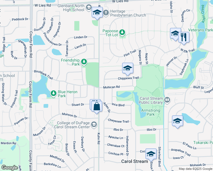 map of restaurants, bars, coffee shops, grocery stores, and more near 701 Aztec Drive in Carol Stream