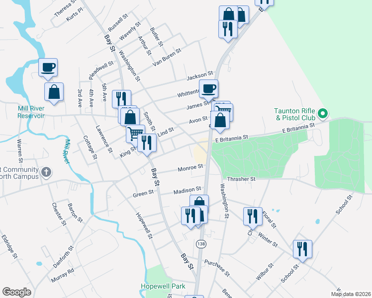map of restaurants, bars, coffee shops, grocery stores, and more near 9 Pierce Avenue in Taunton