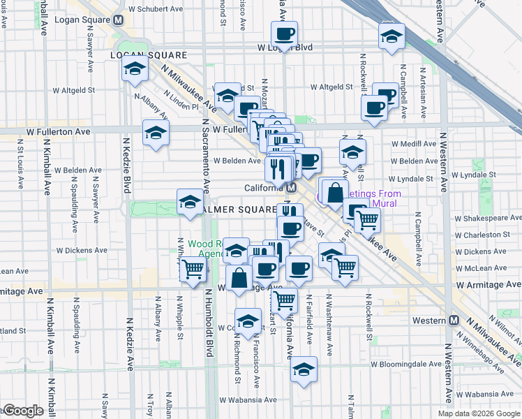 map of restaurants, bars, coffee shops, grocery stores, and more near 2845 West Shakespeare Avenue in Chicago
