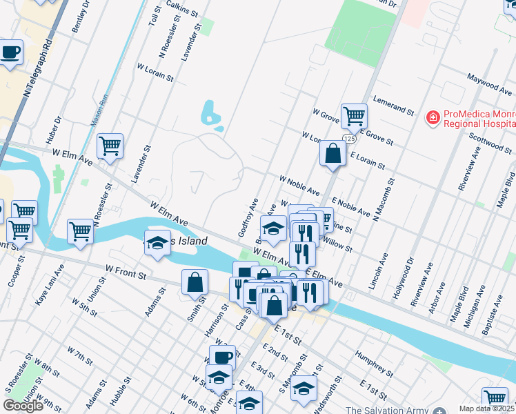 map of restaurants, bars, coffee shops, grocery stores, and more near 224 West Willow Street in Monroe