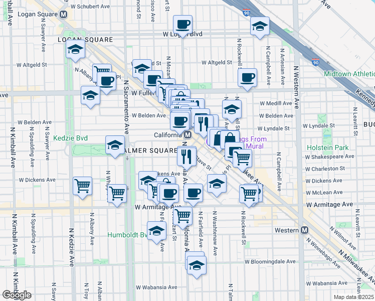 map of restaurants, bars, coffee shops, grocery stores, and more near 2801 West Shakespeare Avenue in Chicago