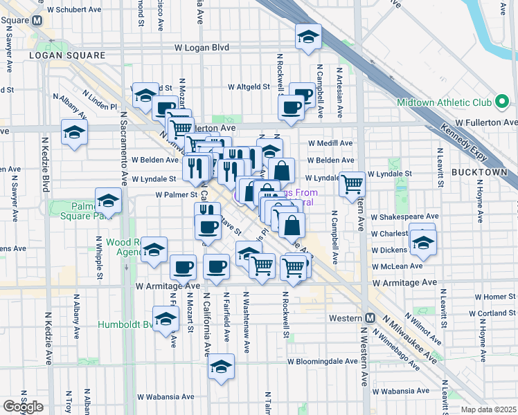 map of restaurants, bars, coffee shops, grocery stores, and more near 2217 North Milwaukee Avenue in Chicago