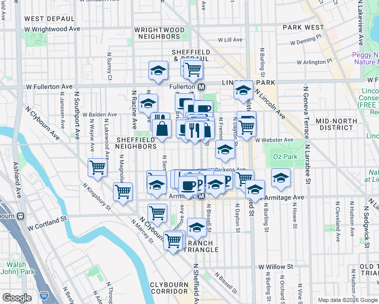 map of restaurants, bars, coffee shops, grocery stores, and more near 2138 North Sheffield Avenue in Chicago