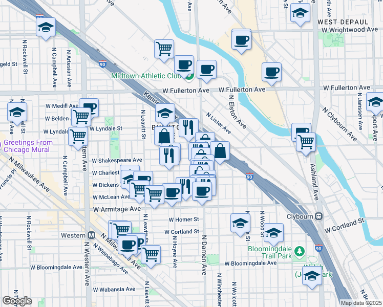 map of restaurants, bars, coffee shops, grocery stores, and more near in Chicago