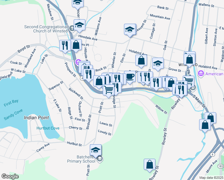 map of restaurants, bars, coffee shops, grocery stores, and more near 398 Main Street in Winsted