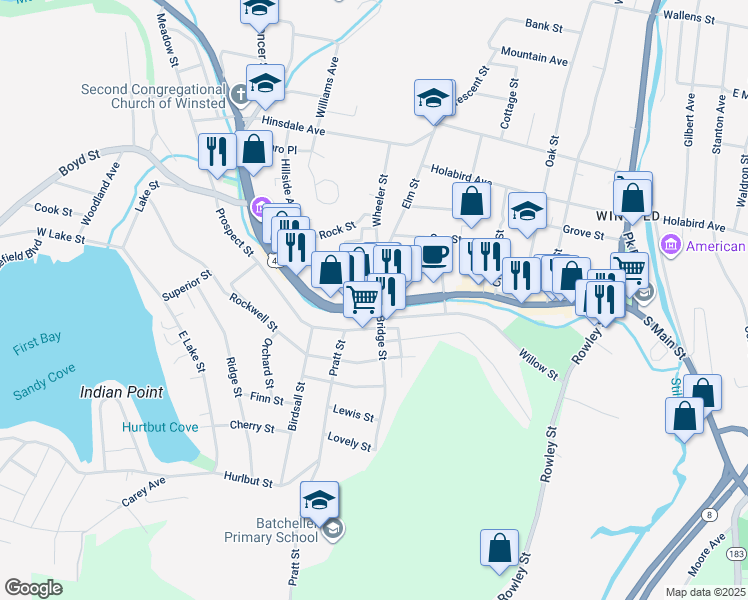 map of restaurants, bars, coffee shops, grocery stores, and more near 398 Main Street in Winchester