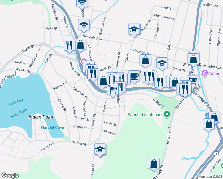 map of restaurants, bars, coffee shops, grocery stores, and more near 10 Bridge Street in Winsted