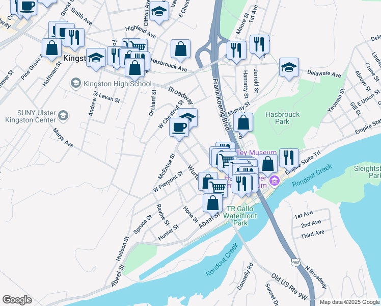 map of restaurants, bars, coffee shops, grocery stores, and more near 23 West Pierpont Street in Kingston