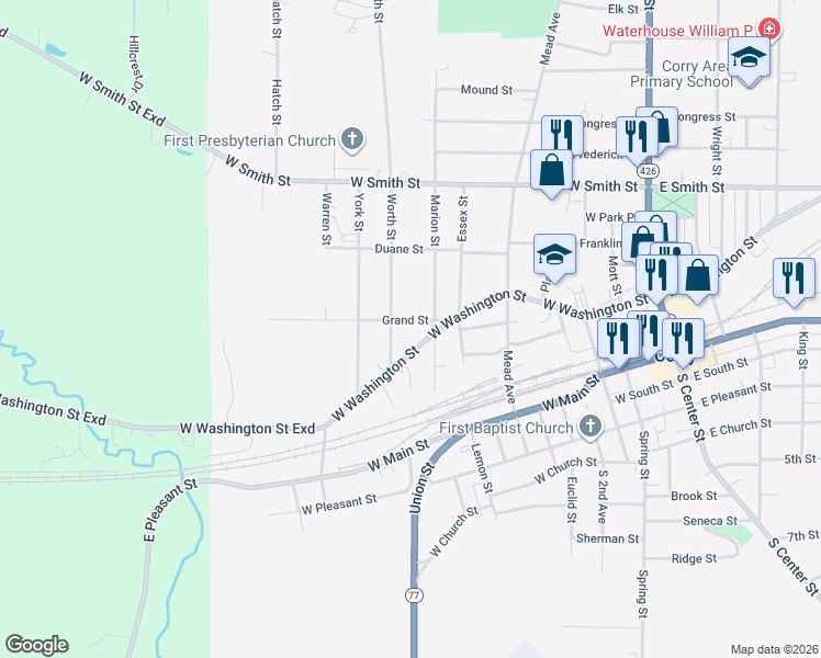 map of restaurants, bars, coffee shops, grocery stores, and more near 504 W Washington St in Corry