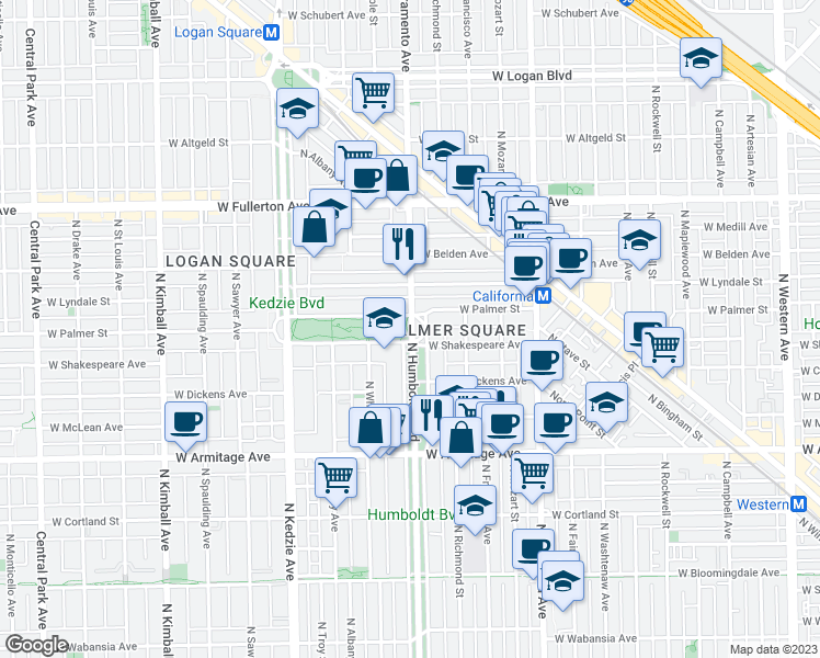 map of restaurants, bars, coffee shops, grocery stores, and more near 2141 North Humboldt Boulevard in Chicago
