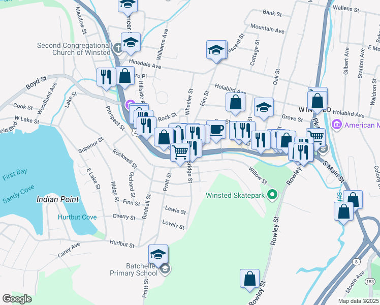 map of restaurants, bars, coffee shops, grocery stores, and more near 10 Bridge Street in Winsted