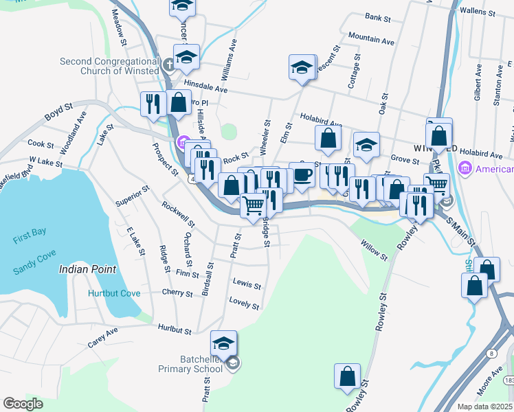 map of restaurants, bars, coffee shops, grocery stores, and more near 10 Bridge Street in Winsted
