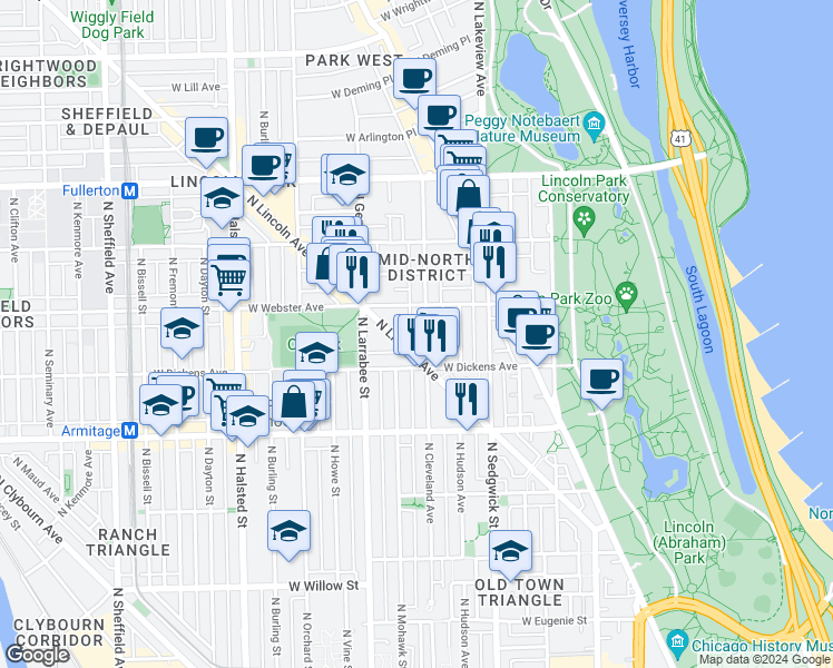 map of restaurants, bars, coffee shops, grocery stores, and more near 2114 North Lincoln Avenue in Chicago