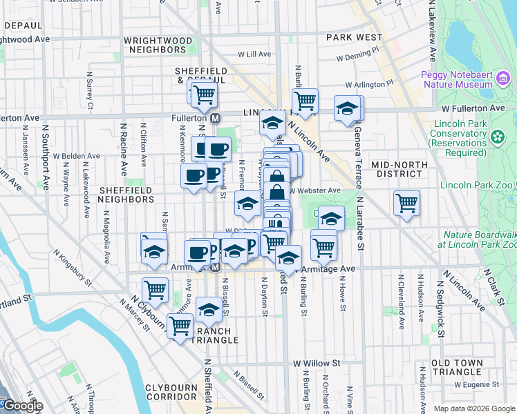 map of restaurants, bars, coffee shops, grocery stores, and more near 2115 North Dayton Street in Chicago